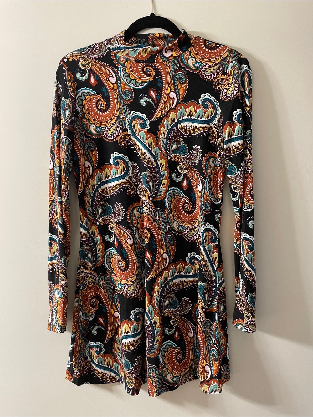 Altar'd State Black Paisley Long Sleeve Swing Dress with Teal & Rust